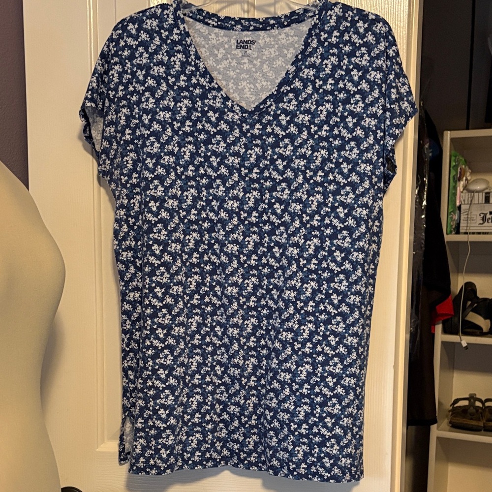 Lands' End Navy Floral V-Neck Long Tee